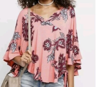 Free People Blouse Large Maui Wowie Coral Floral Flutter Sleeves Side Tied Nwot