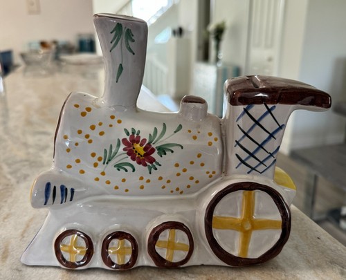 RARE Vintage Italian Art Pottery Locomotive Train Engine Thomas Face Coin Bank
