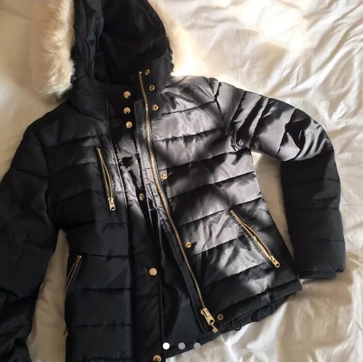 Topshop Womens navy puffer jacket with Faux Fur Hood Lining Worn