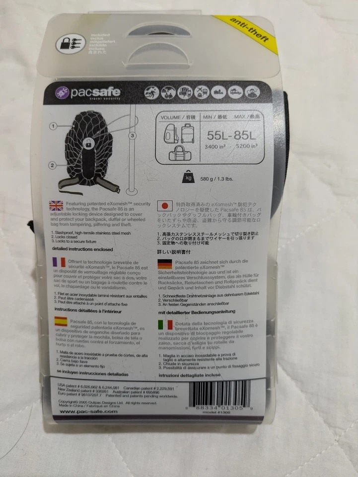 Pacsafe Exomesh 85L Anti-Theft Backpack Bag Protector With Padlock and 3 Keys - Image 3 of 4