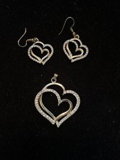 Beautiful Double Hollow Heart Rhinestone Pendant  Earrings Jewelry Set
