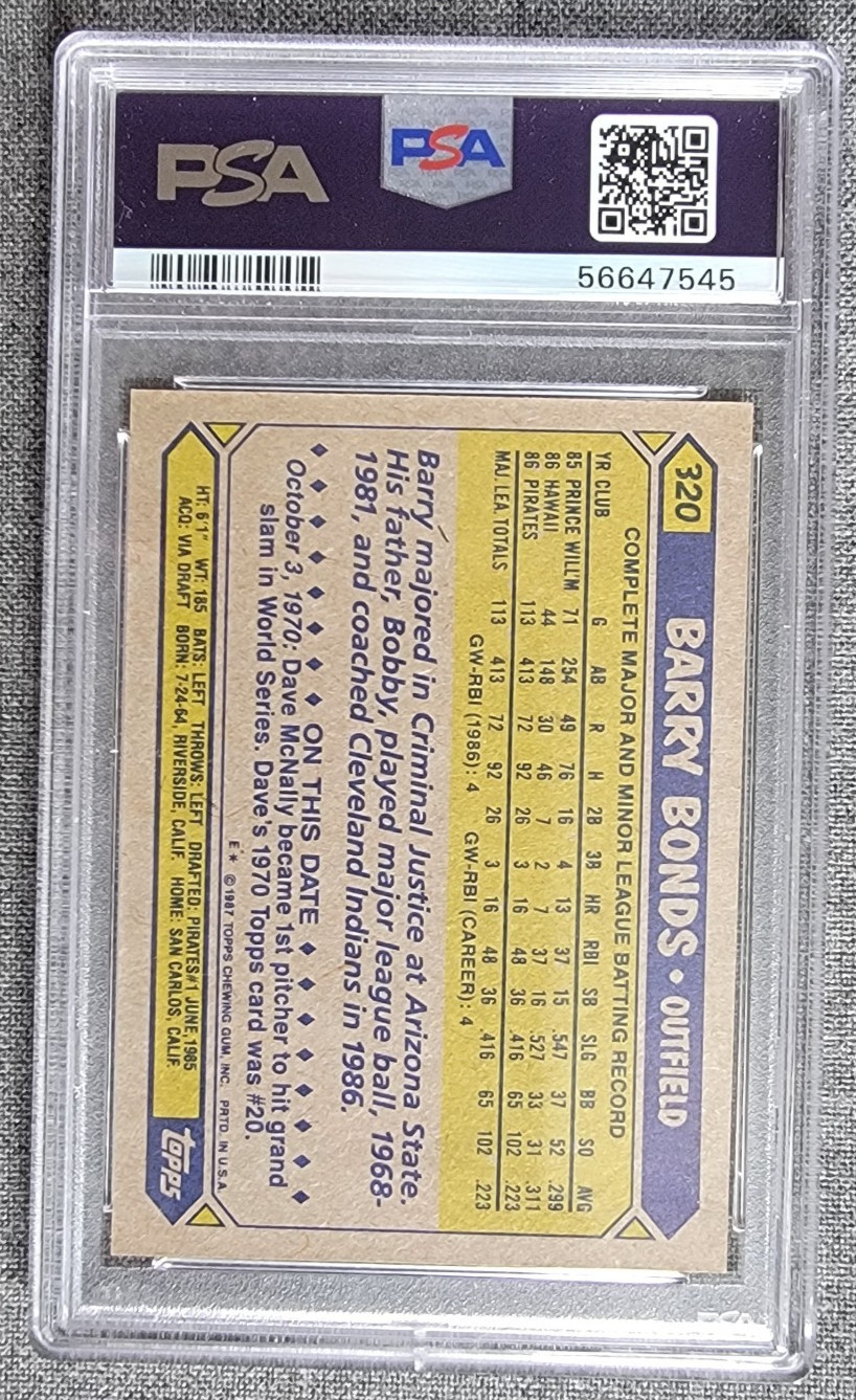 1987 TOPPS #320 BARRY BONDS RC PSA 10 view 2