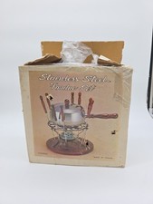 Vintage INTERPUR Stainless Fondue Set-Wooden base/forks/stand NOS Open Box Vintage INTERPUR Stainless Fondue Set-Wooden base/forks/stand NOS Open Box - Image 1