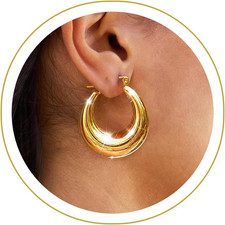 Chunky Gold Hoop Earrings for Women, 14K Gold Plated Thick Triple Hoop Earrings