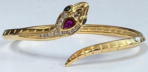REAL Ruby & Diamond 14k Yellow Gold on Solid 925 wrap Serpent Snake Bracelet
