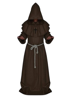 Friar Medieval Hooded Monk Renaissance Priest Robe Costume Cosplay Large Brown