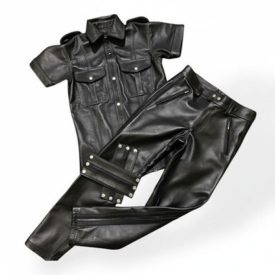 Men's Leather Pair Pant and Shirt In Genuine Lambskin Leather Black Color