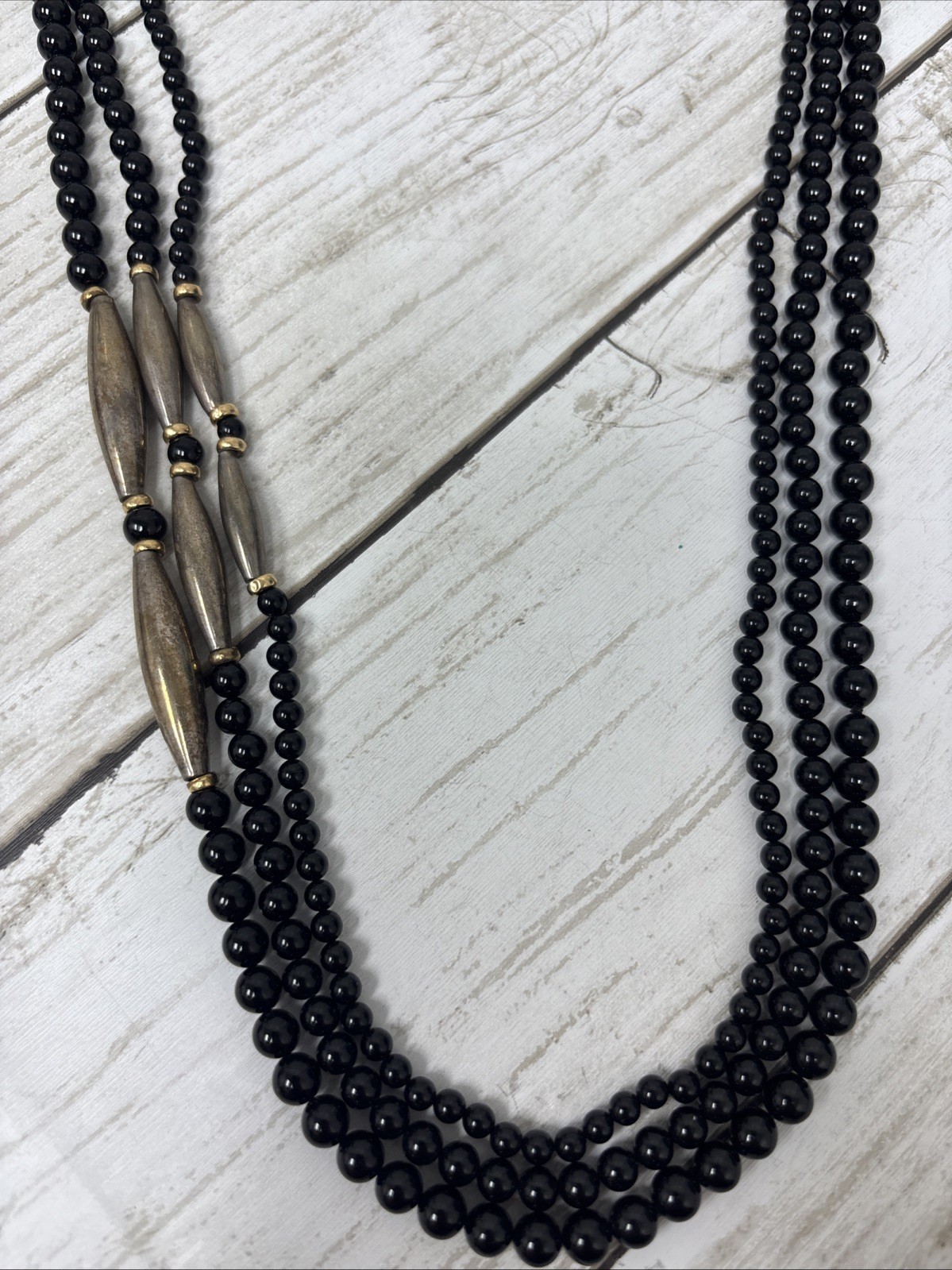 Sterling Silver & Black Onyx Triple Strand Beaded Necklace