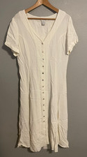 Vintage Express Shirt Dress Womens Large White Rayon Button Front Maxi 90s