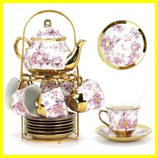 20 Pcs Porcelain Tea Set With Metal Holder,for 6 People,23.7ozTeapot