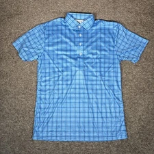 Collars & Co Mens Small Light Blue Plaid Performance Polo Shirt Short Sleeve