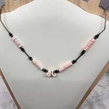 Pink Heishi Bead Necklace Black Brass Tone Vintage Boho Spiral Statement Pendant