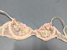 VTG Pink Lace Bra 34B Embroidered Barbie Core Flowers Sheer Lace Delicate RARE