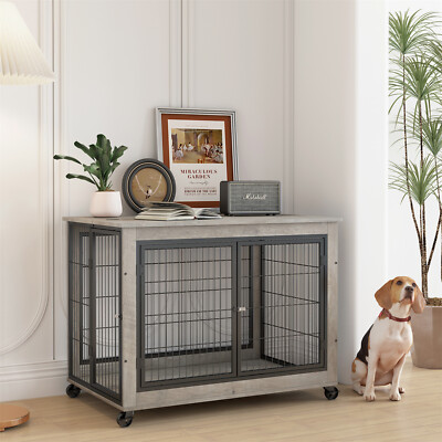 38.58'' Dog Crate Wooden Indoor Dog Kennel End Table with Double Doors US