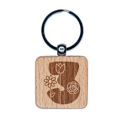 Sweet Cute Flowers Rounded Block Number 3 Three Engraved Wood Square Keychain