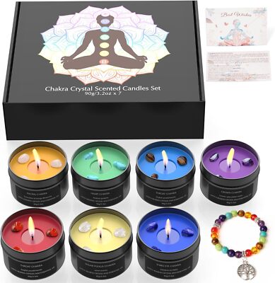 7 Chakra Candles Crystal Candles with Crystal Healing Stones & Bracelets Medi...