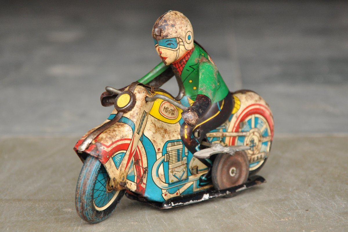 Vintage Wind Up MS - 702 Litho Racer Motorcycle Tin Toy
