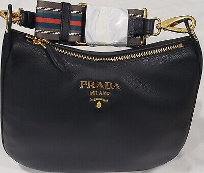 $3100~ New Prada 1BC166 Black Vitello Phenix Leather Web $3100~ New Prada 1BC166 Black Vitello Phenix Leather Web