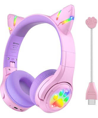 Cat Ear Kids Wireless & Wired Bluetooth Headphones with LED Light Up Built-in Mi