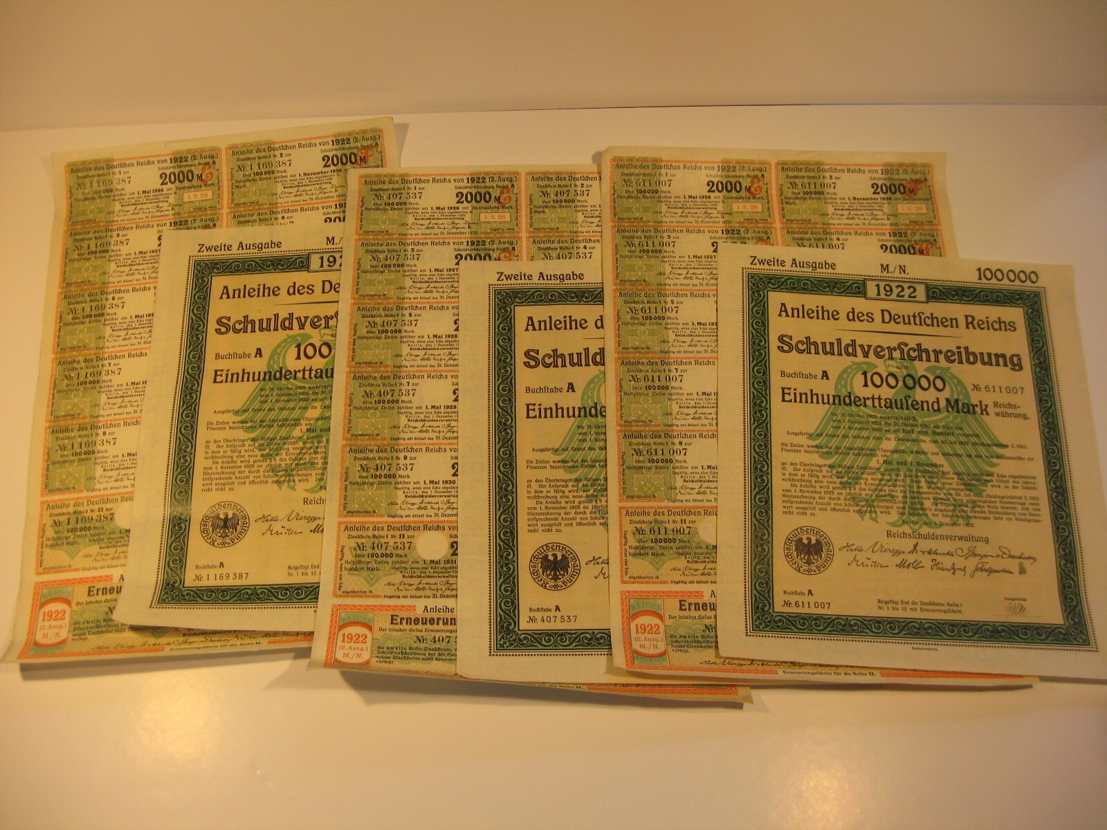 German 1922 Berlin Treasury 3 Bonds W/ Coupons 100,000 Marks