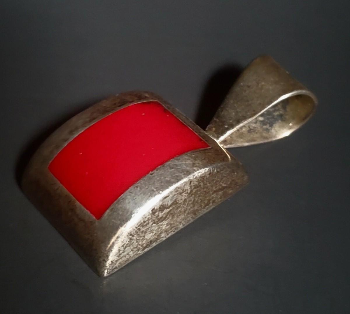 Vintage 925 Sterling Silver Mexico Red Enamel Inlay Rectangular