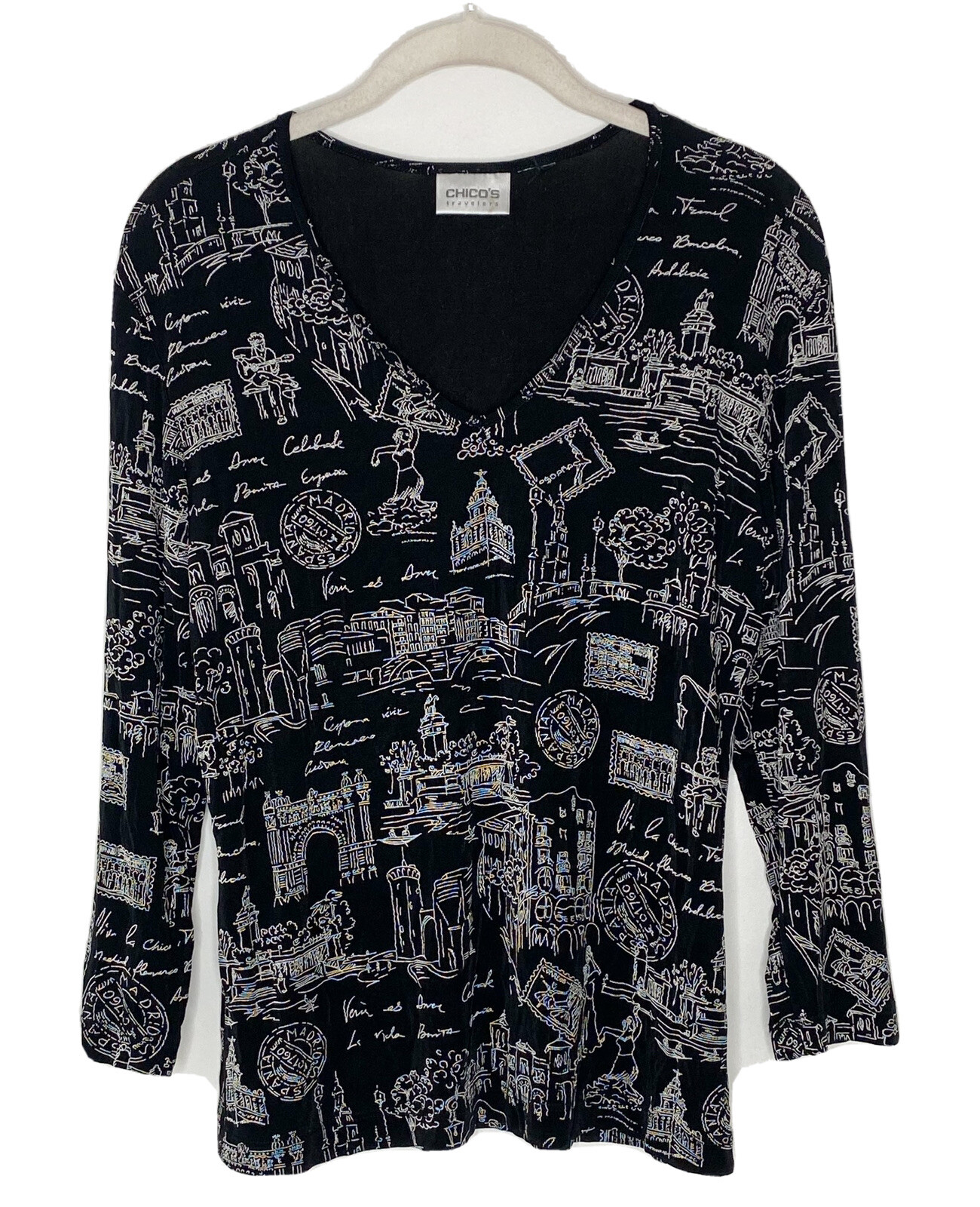 Camisa Turística de Viaje Chico's España Madrid Guitarra Flamenca Mediterránea Talla M
