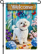 Spring Welcome White Dog Garden Flag 12x18 Double Sided Burlap
