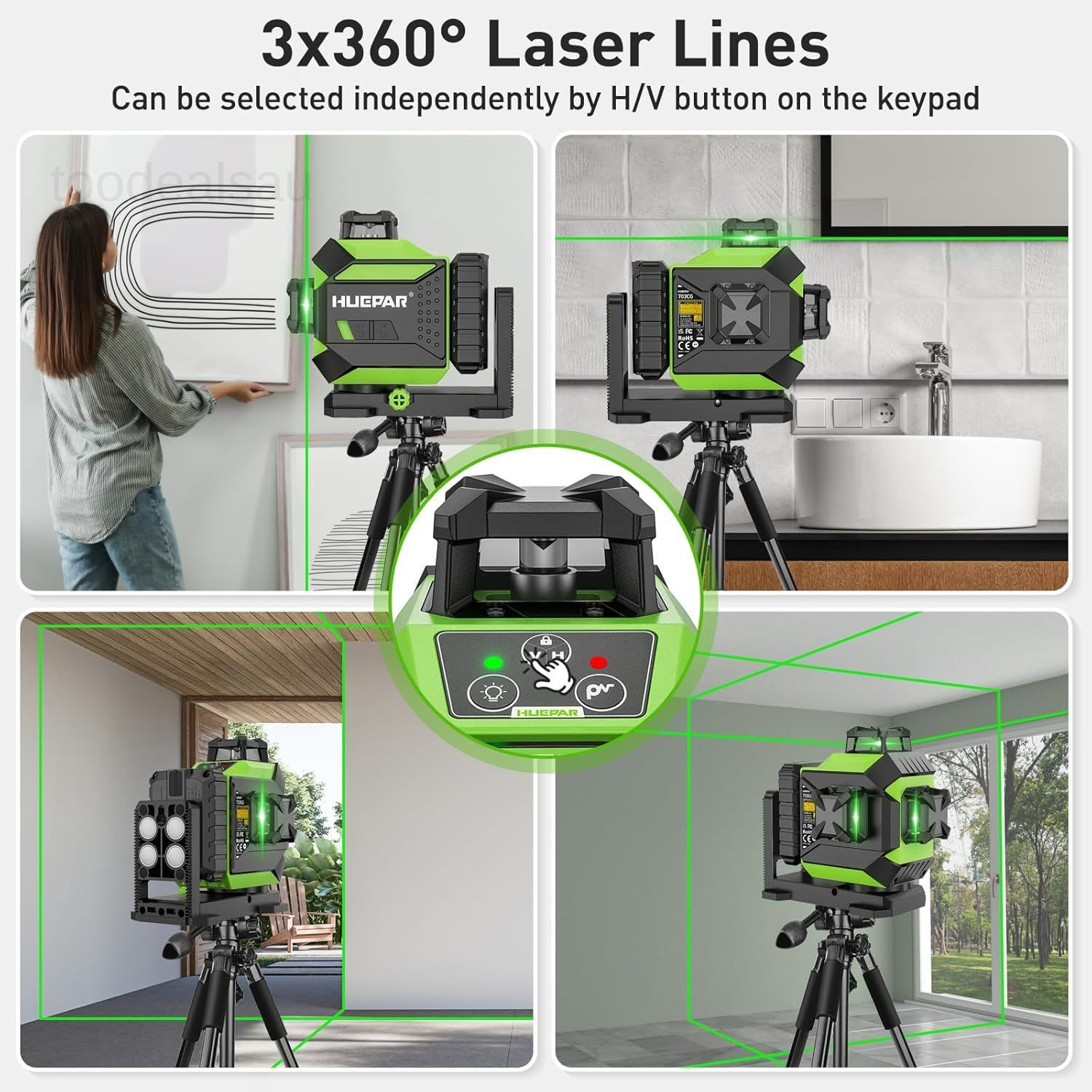 Laser Level 3 x 360 Self-Leveling Cross Line 3D Green 703cg