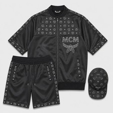 Men's Black MCM Leather Tracksuit Set Jacket Shorts Cap 3 Piece Outfit