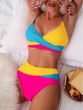 UK Stunning Pink block colour High-Waisted Bikini set Flattering - Size 6-16