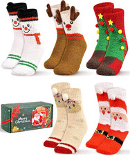 Christmas Fuzzy Socks Women Girls - 5 Pairs Cute Slipper Fluffy Sock with Christ