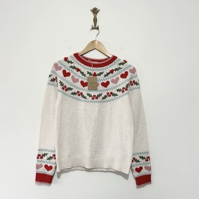 Boden Edie Fair Isle Weihnachtspullover Gr. S Stechpalme Herzen Passe beige Wolle Alpaka