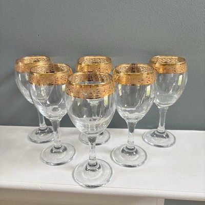 VTG Cellini Crystal Wine Glasses Set of 6 Scroll Etched 24kt Gold Rim Barware