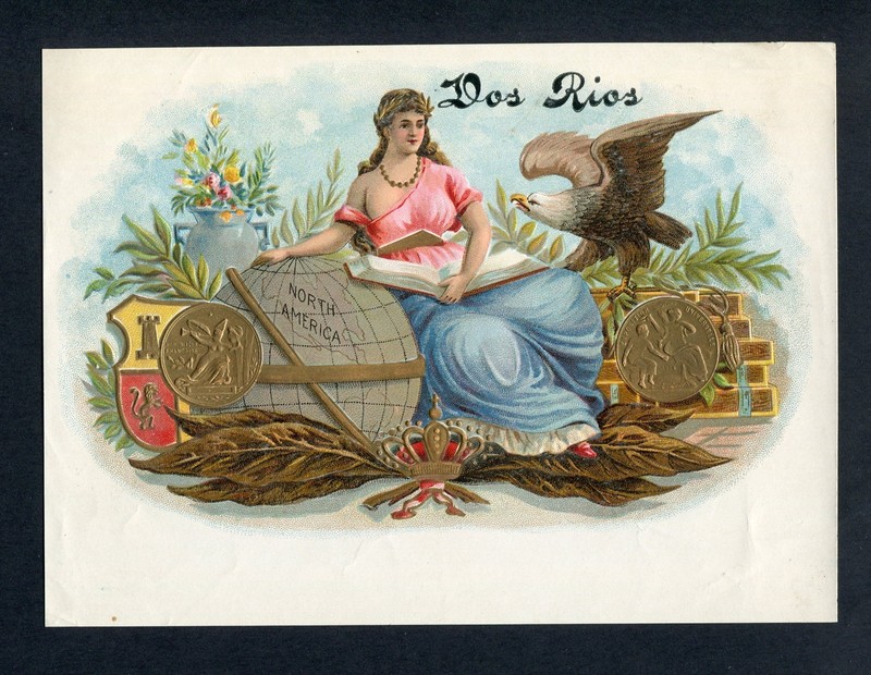 RARE Old Original DOS RIOS Cigar Label - WOMAN WITH GLOBE & BOOK - FIERCE EAGLE