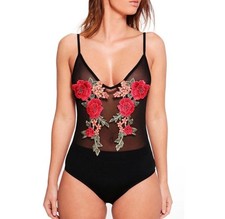 Floral Mesh Bodysuit Women Color Black Size S