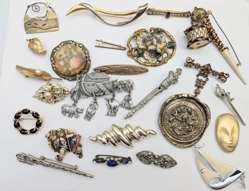 Vtg Mod Costume Jewelry Brooch Lot 25 Pc Rhinestone Enamel Ect