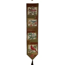 Vintage Tapestry Bell Pull Wall Hanging 4 Woodland Birds Metal Hanger 9"x41" USA