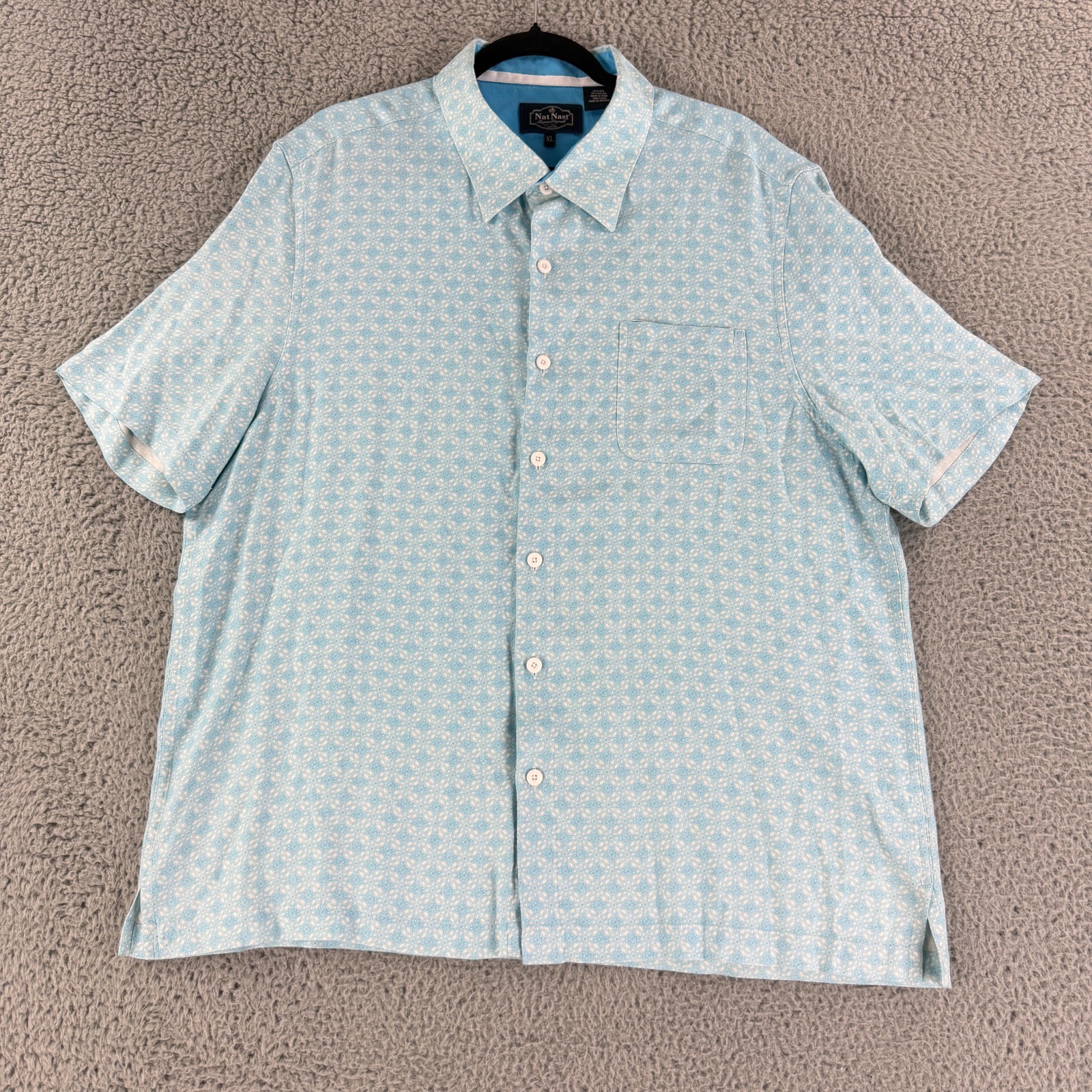Nat Nast Button Up Shirt Mens XL Blue Geo Print Silk Blend Short Sleeve Luxury