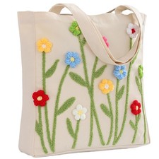 Embroidery Canvas Tote Bag for Women with Pocket  Buckle Cute Reusable Tote ...