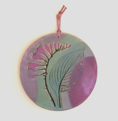 Handmade Studio Art Pottery Hanging Disc- Signed -Freesia & Leaf Design, 9'' Diam