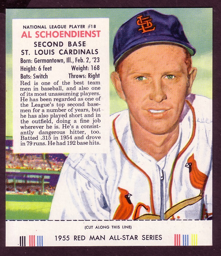 Al Schoendienst #18 Baseball Cards 1955 Red Man Tobacco trading card — raw and PSA graded price guide