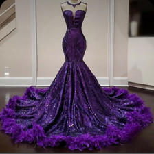 Purple Prom Dresses Mermaid Lace Sequins Feather Evening Dresses Birthday Gowns