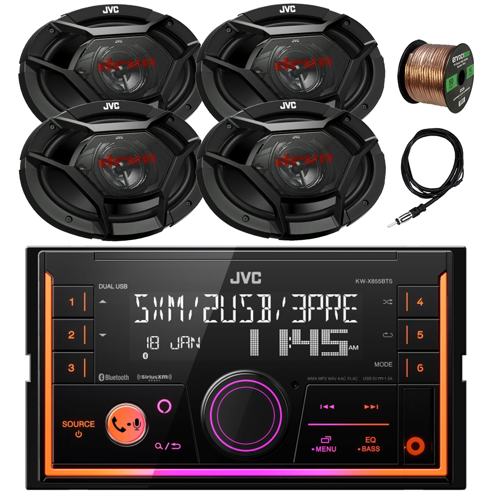 JVC 2DIN In-Dash USB/AUX Bluetooth Receiver, 4x 6x9" Car Spe