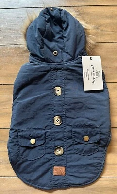 Navy Parka Dog Coat - LARGE - Adjustable - Faux Fur Trim Hood -Bee & Willow NWT