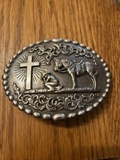 Nocona Western Belt Buckle Cowboy Man at Cross Praying Silver Tone