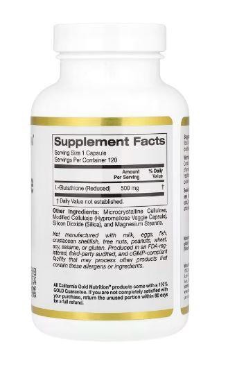 California Gold Nutrition, L-Glutathione (Reduced), 500 mg, 120 Veggie  Capsules
