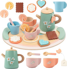 Tea Party Set for Little Girls, Wooden Kids Tea Set with Teapot Cups Coasters Ca