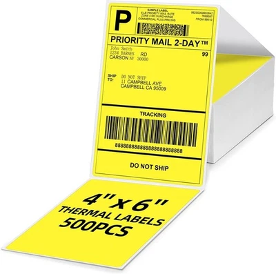 RIGWIG 4x6 Thermal Labels 500 Pack Folded Yellow Compatible with Rollo JADENS Zebra