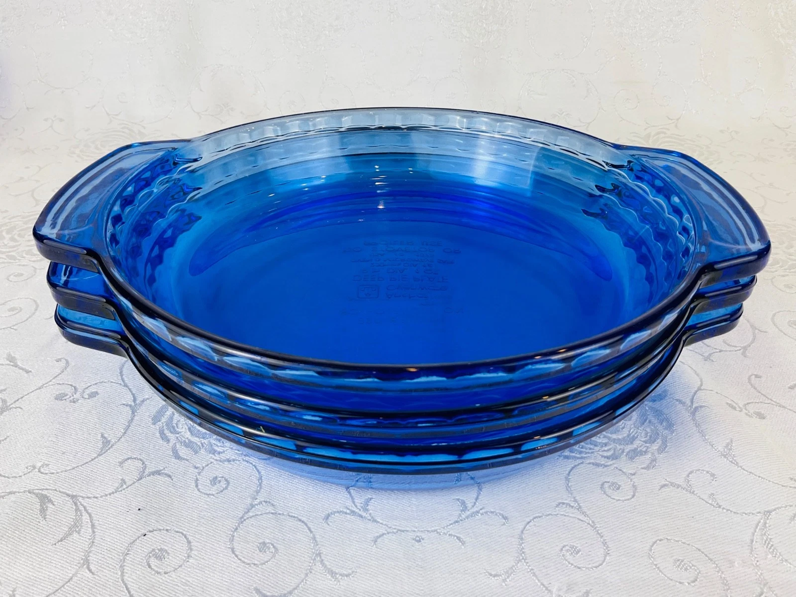 3 Anchor Ovenware Deep Pie Dishes Cobalt Blue Glass 9”x1” 1 Qt Nice Condition