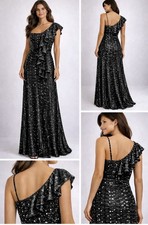 Black Sequin One-Shoulder Evening Gown Formal Prom Wedding Guest Maxi Dress